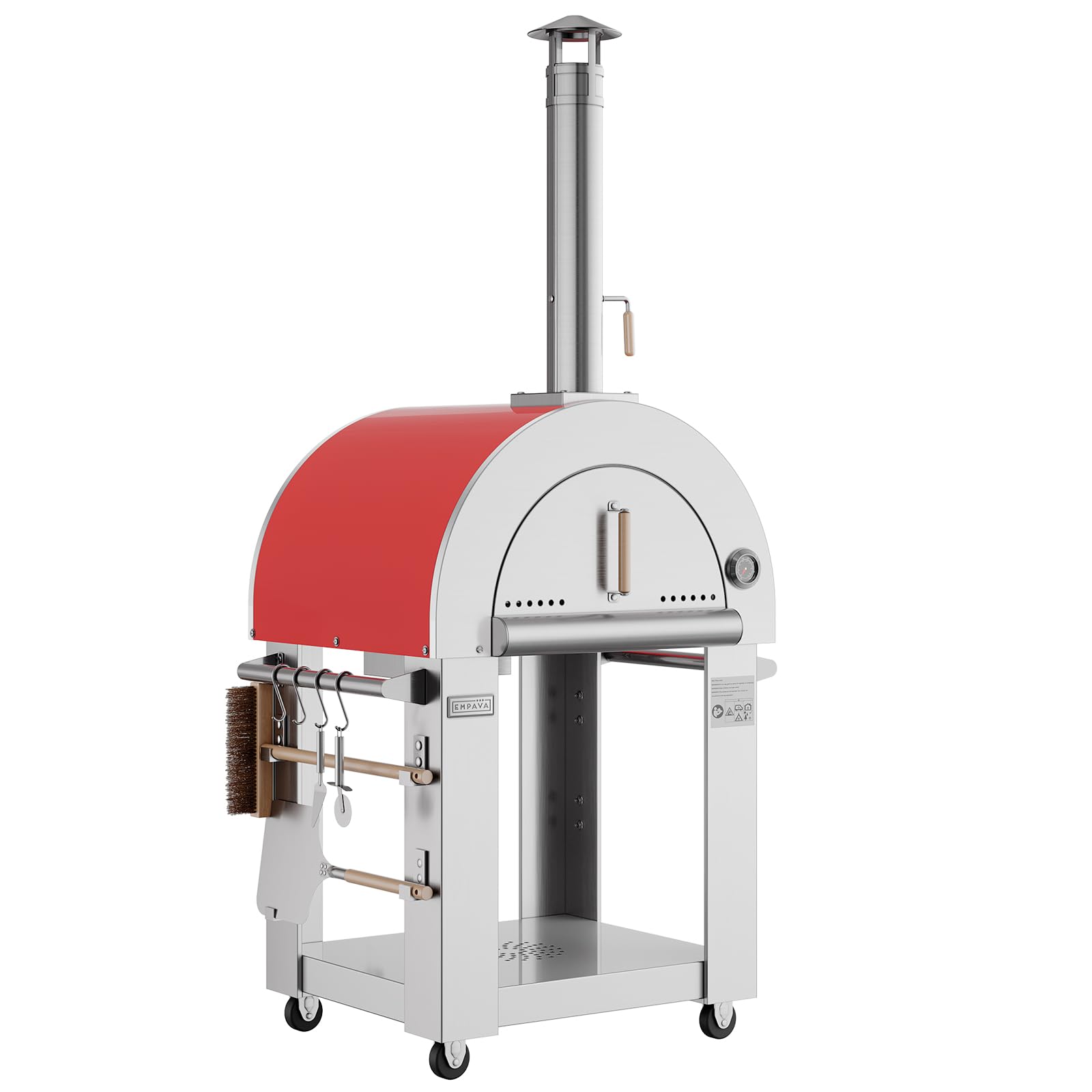 Empava Pizza Oven with Open Shelf and Wheels for Outdoor Kitchen, Wood Fire for Grill & Camping Backyard Party in Stainless Steel, 38.6Inch, Italian Red