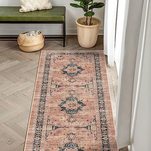 Washable 2x5 Hallway Runner Rug: Indoor Vintage Water Resistant Kitchen Entryway Rug Soft Living Room Bedroom Carpet Thin Low Pile Non Slip Floor Mat for Bathroom Laundry Dining Room(2X5,Orange)