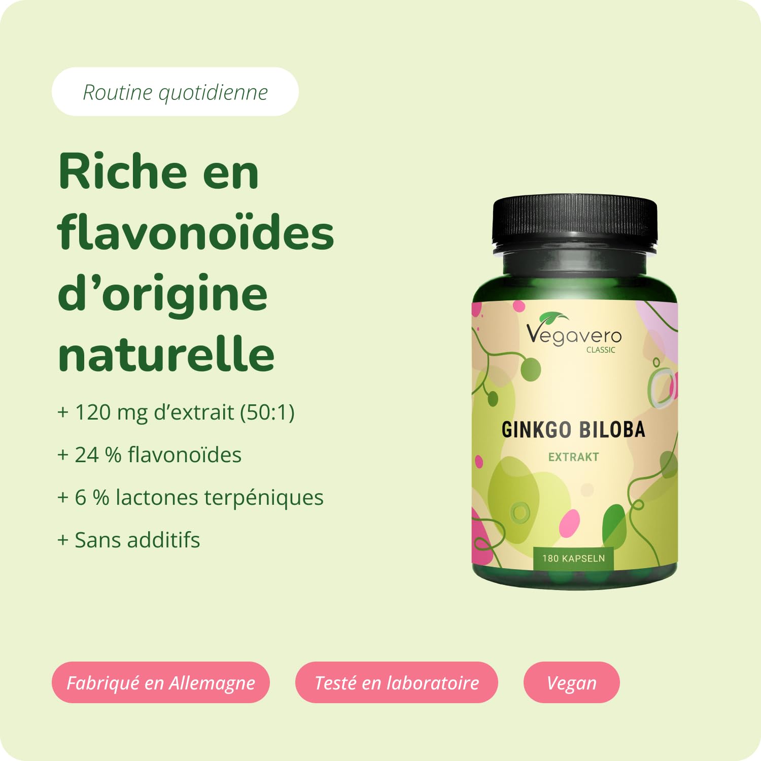 Ginkgo Biloba | Extra Fort : 6000mg | Mémoire + Circulation Sanguine | 180 Gélules | Unique : 24% Glycosides de Flavone + 6% Lactones Terpéniques | Vegan & Sans Additifs | Vegavero®