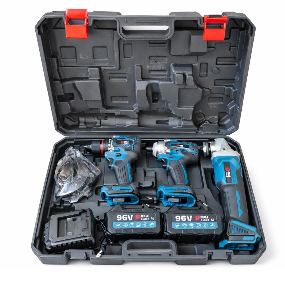 Kit de Herramientas Inalámbricas 3 Piezas, Taladro Percutor, Atornillador de Impacto y Amoladora, con 2 Baterías y Maletín, Juego Profesional para Bricolaje