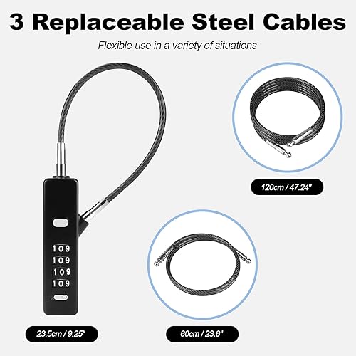 Miniatura 2 de Candado de cable versátil, cerradura de combinación de 4 dígitos con 3 cuerdas trenzadas de acero intercambiables (9 pulgadas23.6 pulgadas47.2