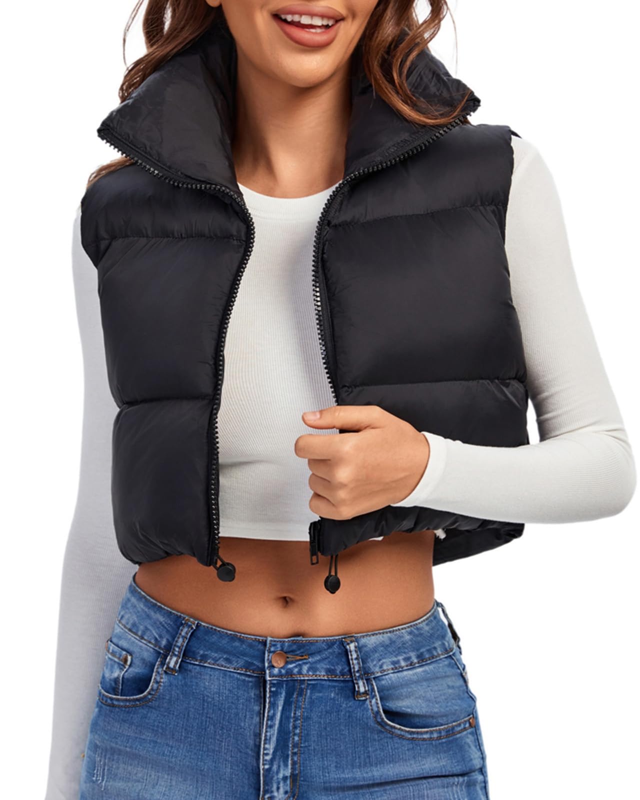 Fuinloth Women's Padded Vest, High Stand Collar Lightweight Zip Crop Puffer Gilet