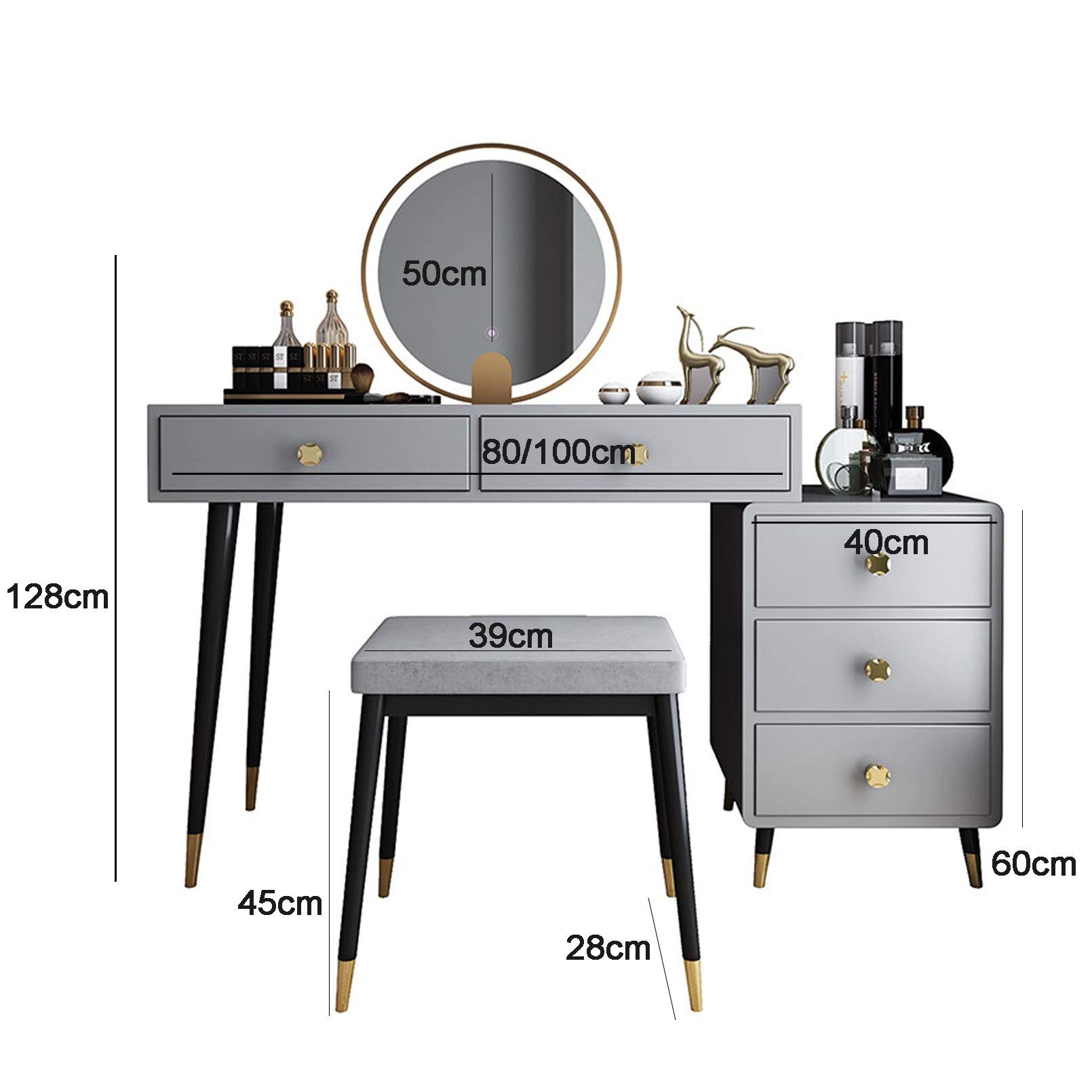 Saimeihome Zwarte make-uptafel met verlichting, kruk en 6 laden, 6 opbergvakken en schuifspiegel, voor slaapkamer, 80 x 34 x 130 cm