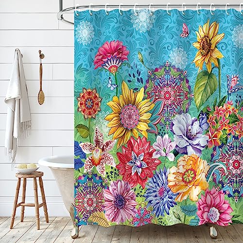 LIVILAN Boho Floral Shower Curtain, Colorful Bohemian Art Painting With