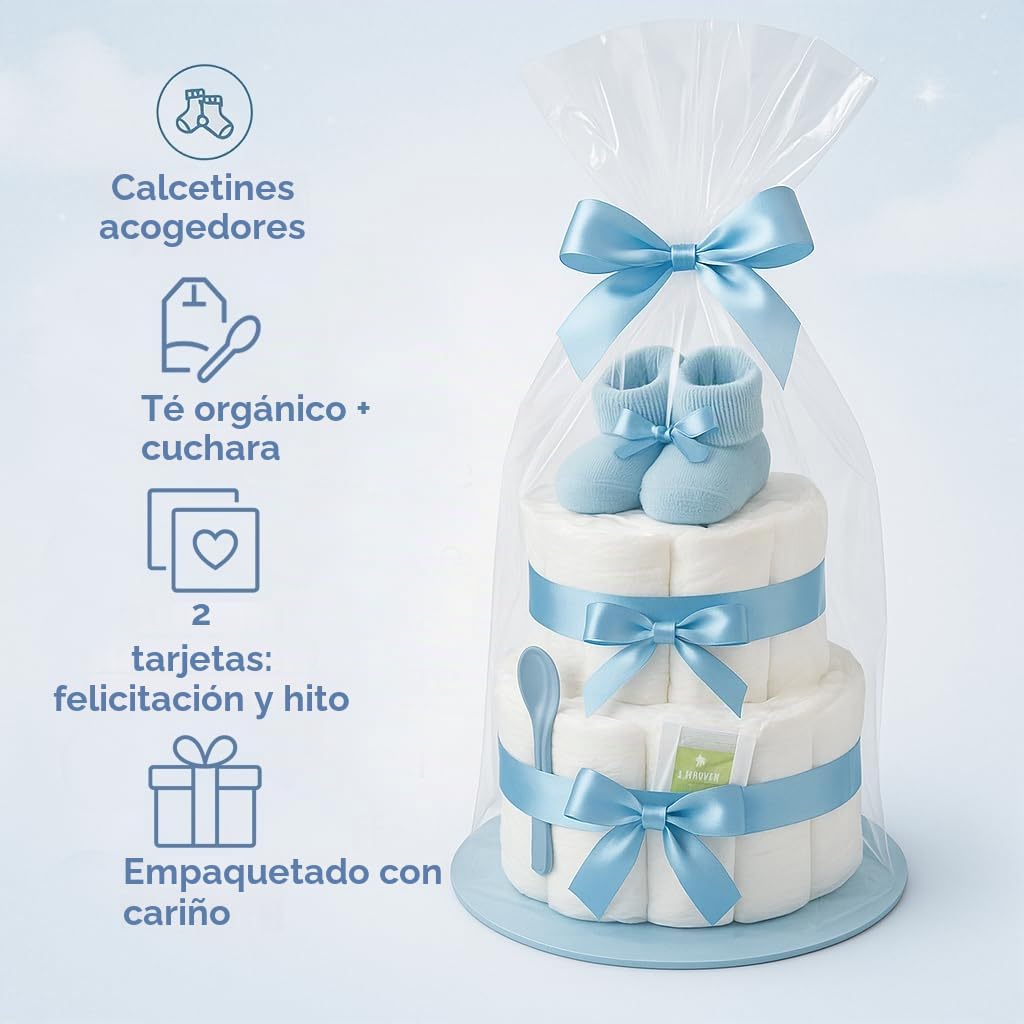 Tarta de pañales para niño de 2 pisos en azul con calcetines para bebé, regalos para el nacimiento para la madre, bautizo o fiesta de bebé, idea de regalo con pañales recién nacidos, incluye tarjeta