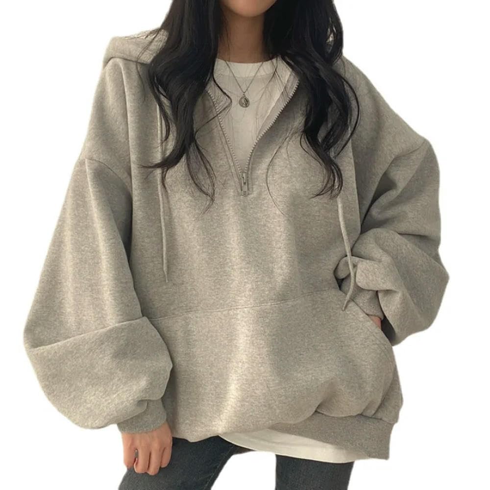 ZBDZSW Damska swobodna bluza z długim rękawem i kieszeniami, gruba bluza z kapturem Harajuku, luźna, oversize, jesień, góra, półzamek, damska bluza