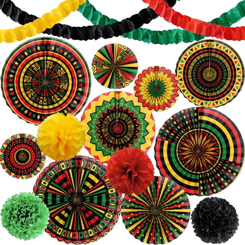 FodeMoraka Black History Month Decorations - 17 Pcs Juneteenth Decoration BHM Paper Kente Fans Pom Poms Banner Set African American Kwanzaa Party Supplies Classroom Wall Ceiling Hanging Ornament