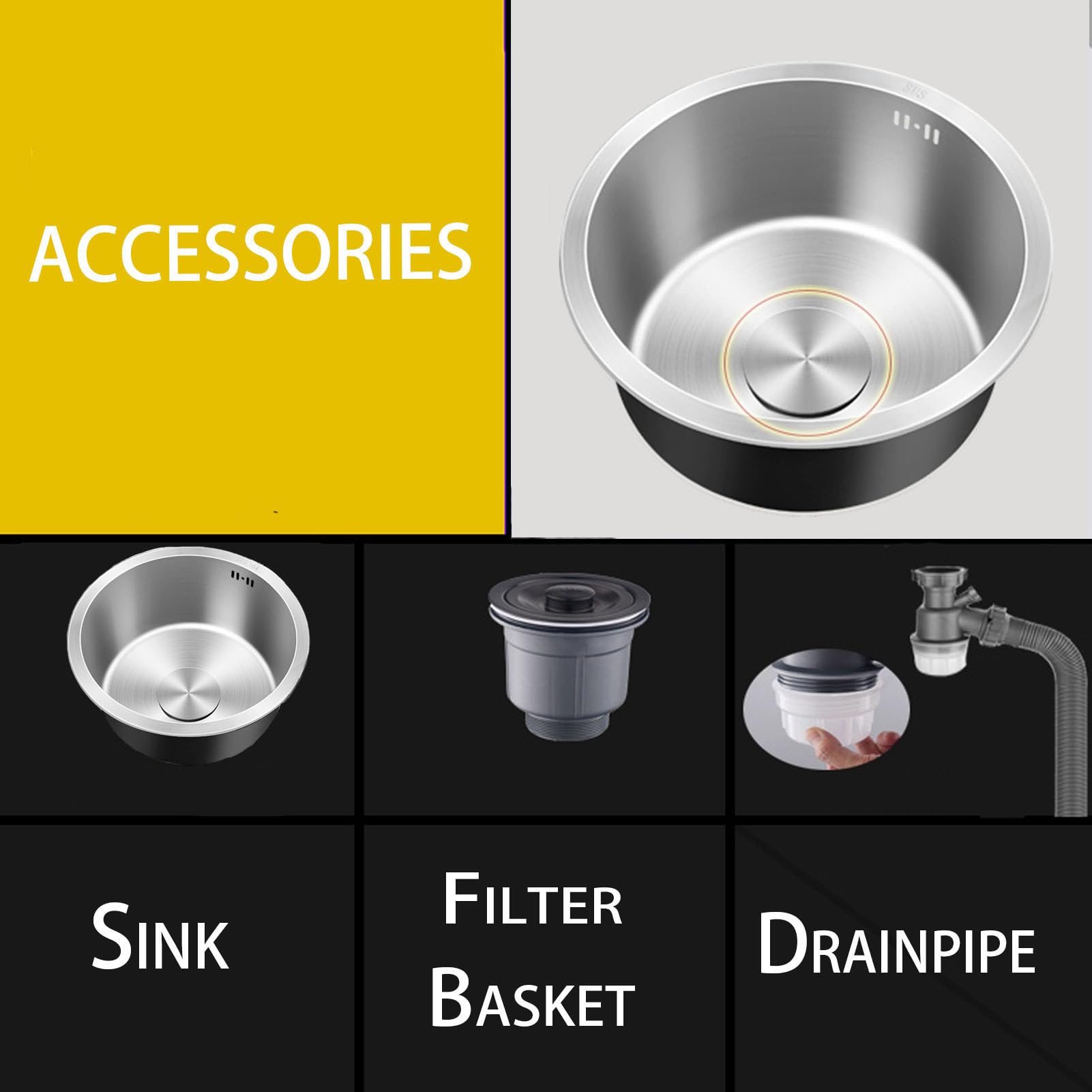 Fregadero de Cocina Compacto de Acero Inoxidable de 40 cm, Redondo, de un Solo Seno con escurridor y Kit de desagüe Completo, Ideal para instalaciones bajo encimera o encimera.