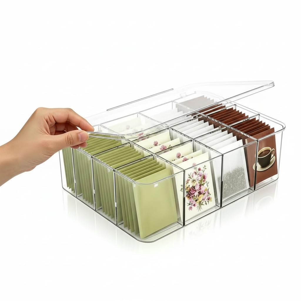 Photo 1 of 16 Compartment Acrylic Tea Bag Organizer with Lid - Stackable Clear Storage Box for Countertop, Pantry & Cabinet | BPA-Free Dustproof Container for Tea Packets, Coffee Pods, Sugar & Condiment Packets