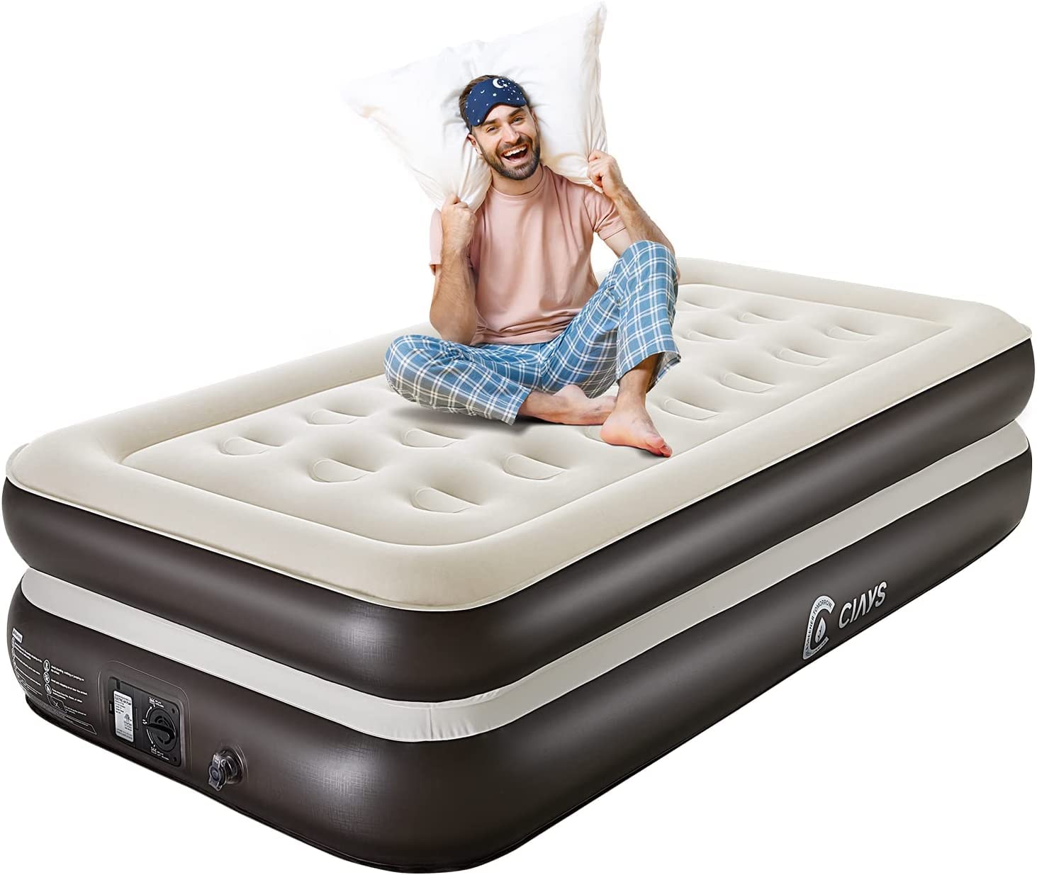 Ciays 16" Twin Air Mattress with Built-in Pump, Blow Up Mattress with Carrying Bag for Home and Camping, Flocked Top Inflatable Air Bed for Guests, Family, Brown