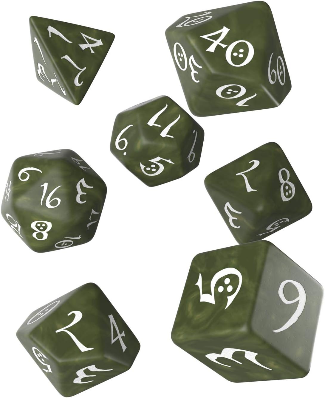 Classic RPG Olive & White Dice Set 7 by Q-Workshop, Polyhedral Dice Set for Tabletop Roleplaying Games, Includes D4 D6 D8 D10 D12 D20 and Percentile Die