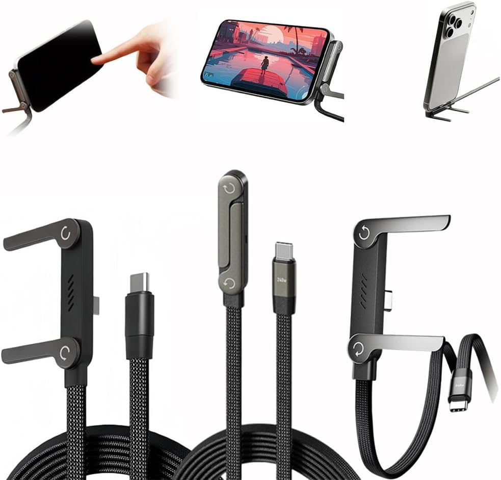 Chubbycable StandLite 240W Braided Fast Charge Cable with Built-in Phone Stand, 2-in-1 Invisible Holder Charger Cables Foldable Durable USB-C Cord 90 Degree USB C Cables Right Angle, 3.3ft (3PCS)
