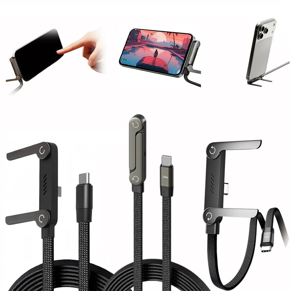 Chubbycable StandLite 240W Braided Fast Charge Cable with Built-in Phone Stand, 2-in-1 Invisible Holder Charger Cables Foldable Durable USB-C Cord 90 Degree USB C Cables Right Angle, 3.3ft (3PCS)