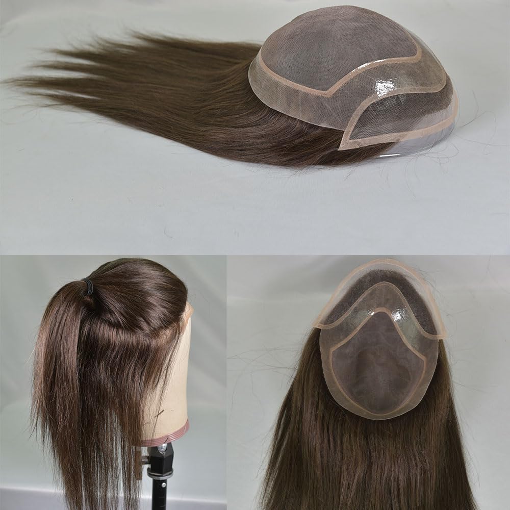 Tupé de pelo para hombres Tupé de cabello humano liso for hombres, pelucas encaje mono, postizo repuesto PU, 12 pulgadas Sistema de cabello para hombres(1b#)