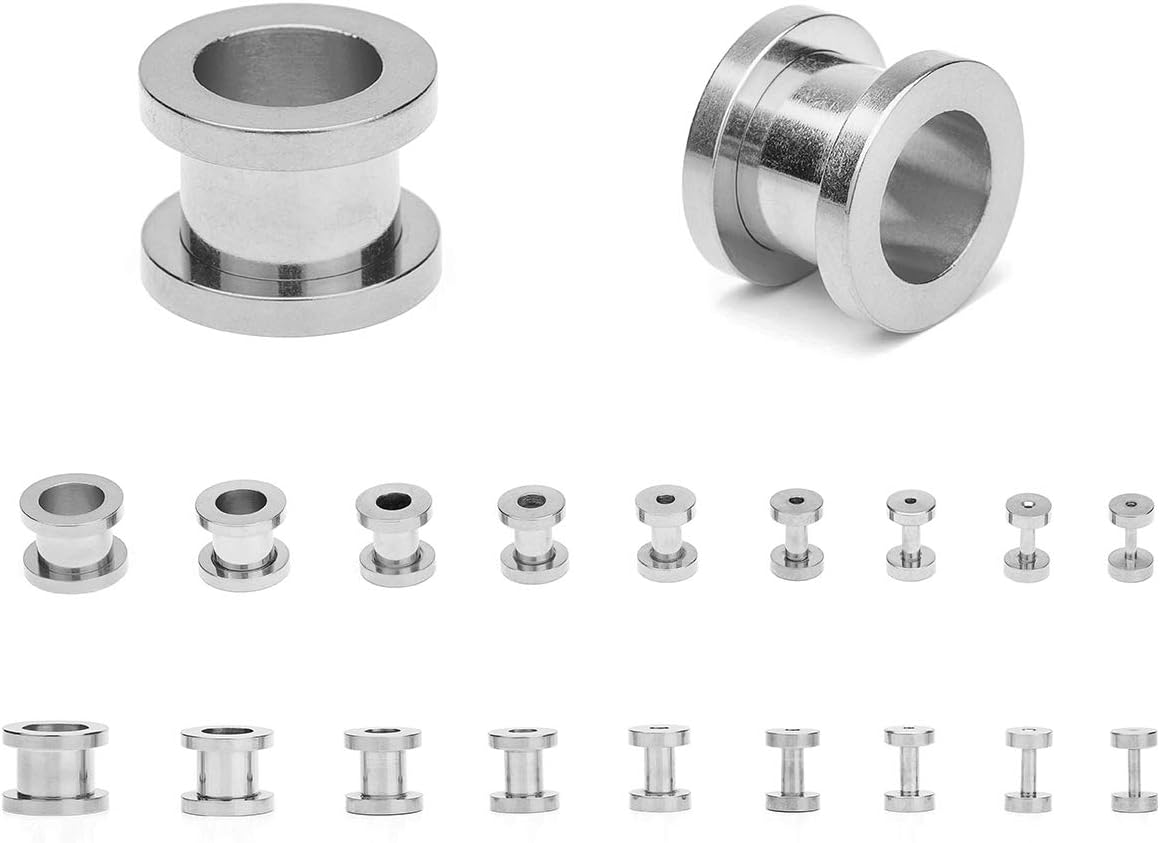 18PCS Ear Tunnels Kit Stainless Steel Screw Fit 14G-00G Gauges Plugs Set Double Flared Stretcher Expander Body Piercing Jewelry