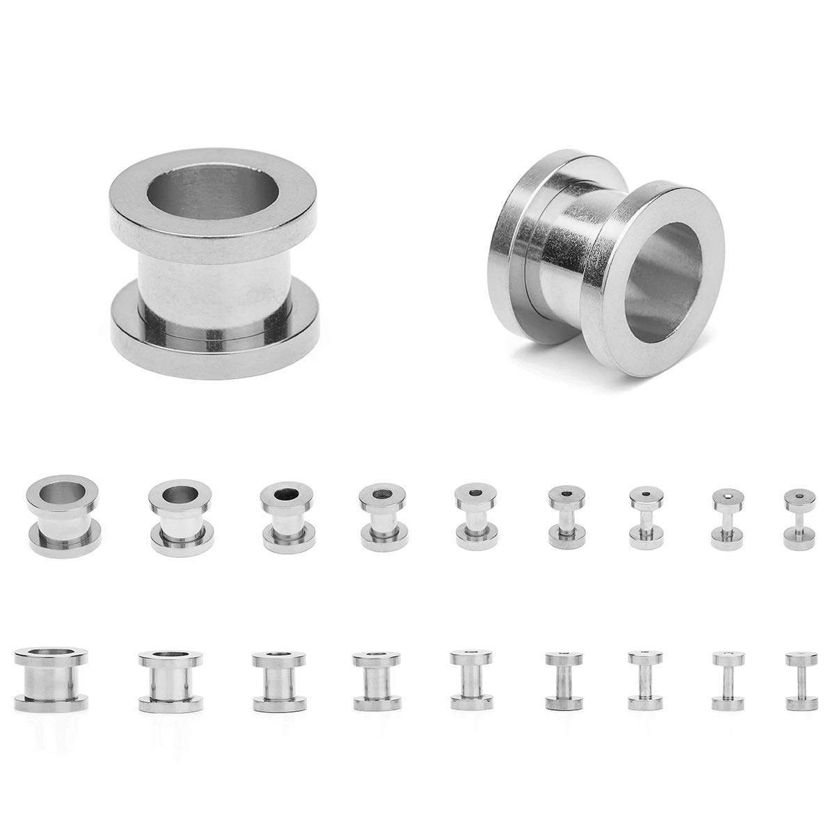 CABBE KALLO 18PCS Ear Tunnels Kit Stainless Steel Screw Fit 14G-00G Gauges Plugs Set Double Flared Stretcher Expander Body Piercing Jewelry