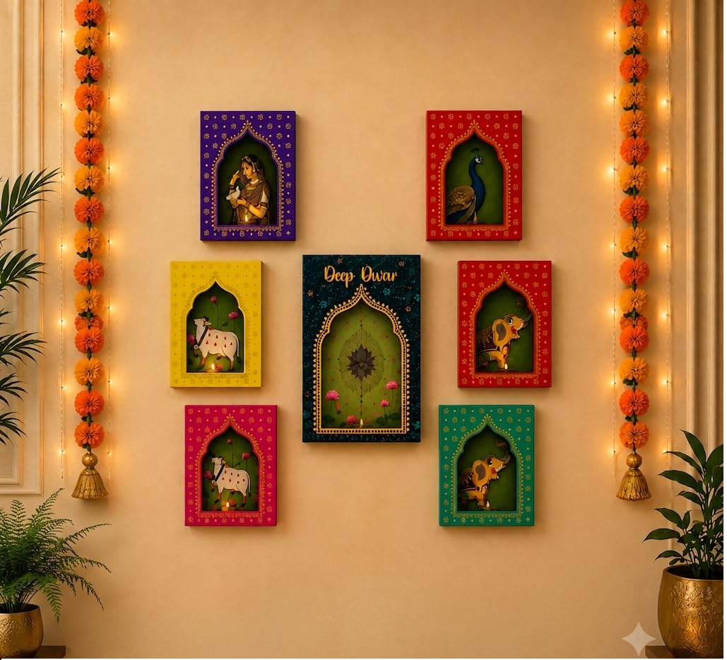 Jharokha Decoration Frame Paper Made Wall Hanging Deep Dwar DIY Craft - 7Pc | Medieval Arts Multicolor Design | Peel & Stick, No Tools Needed | Quality Paper, Long-Lasting | Diwali, Ganpati & Wall Decor-image-28