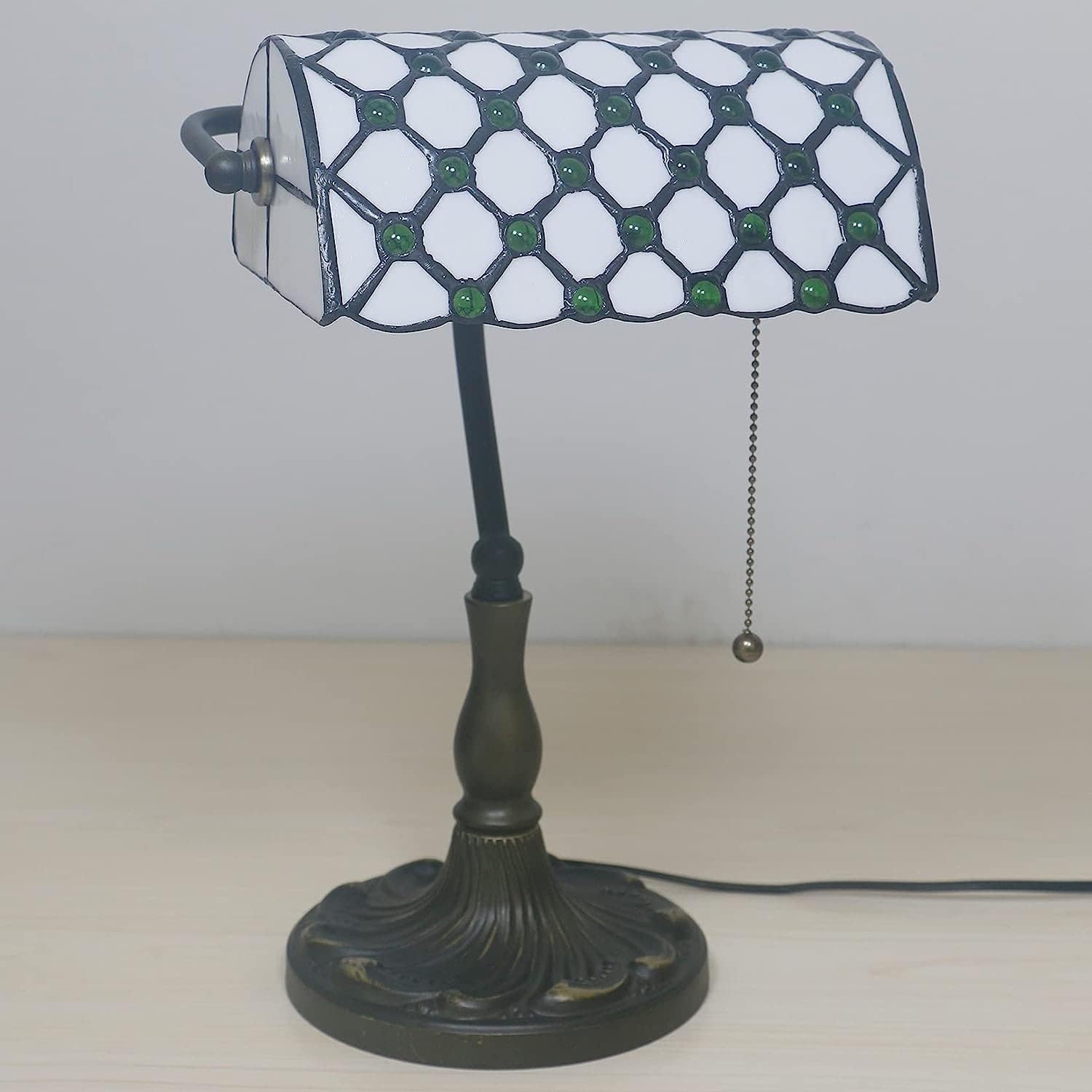 Bankiers Tischlampe, farbige Glaslampe, Kristallperlenschreibtischlampe, Schlafzimmer in der Nacht Leselampe (weiße grüne Glasperlen Schatten) Innovate