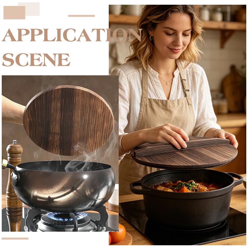 AHANDMAKER Coperchio per wok in legno, 34 cm, in legno naturale, leggero, con manico, per padella in ghisa, piatto, rotondo, protettivo, per cucina, campeggio, picnic, cucina