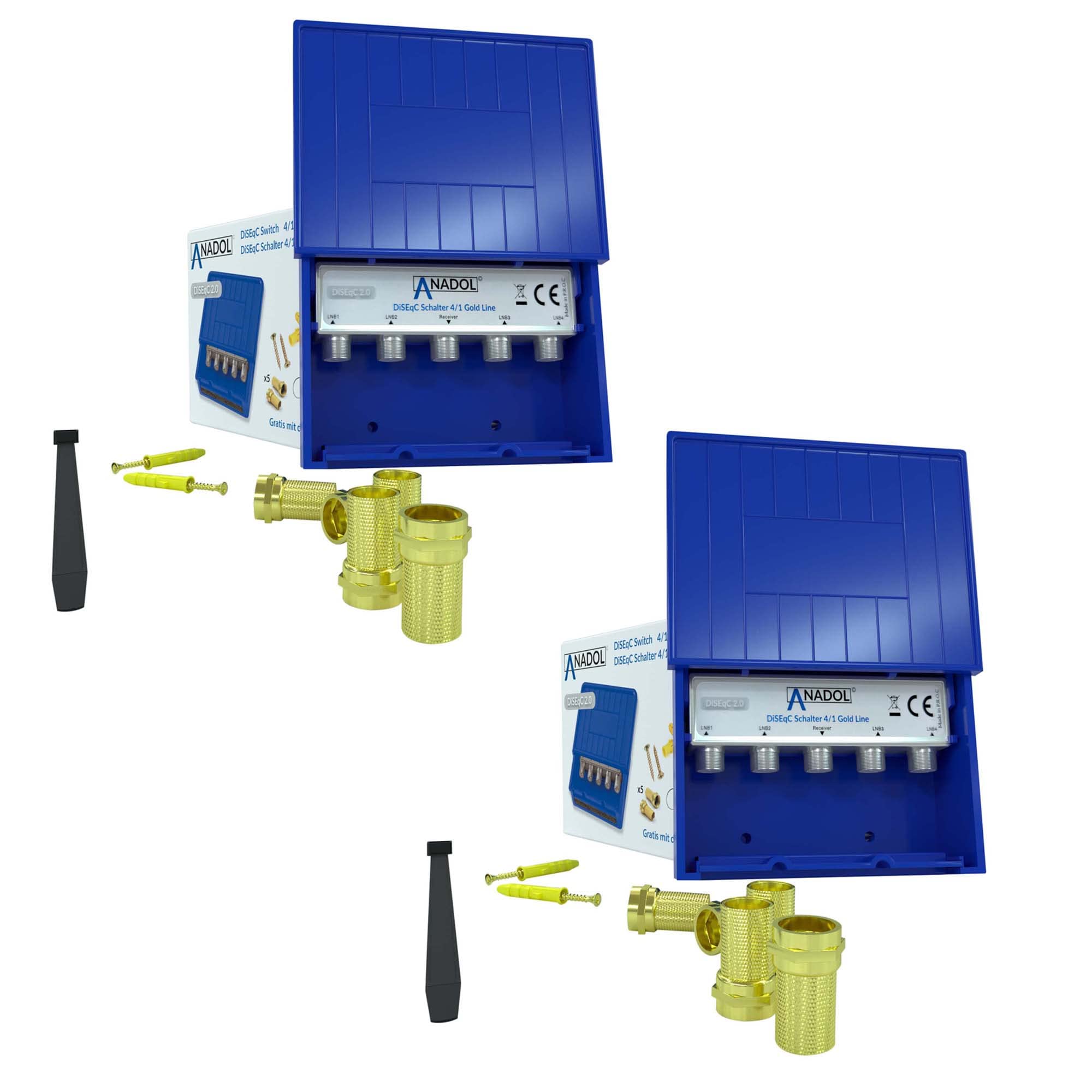 2 interruptores Anadol 41 DiseqC – 4 en 1 para receptor de satélite, para recepción de 4 satélites para 1 receptor, Full HD, 4 K UHD, LNB distribuidor + 10 conectores F chapados en oro, bridas y