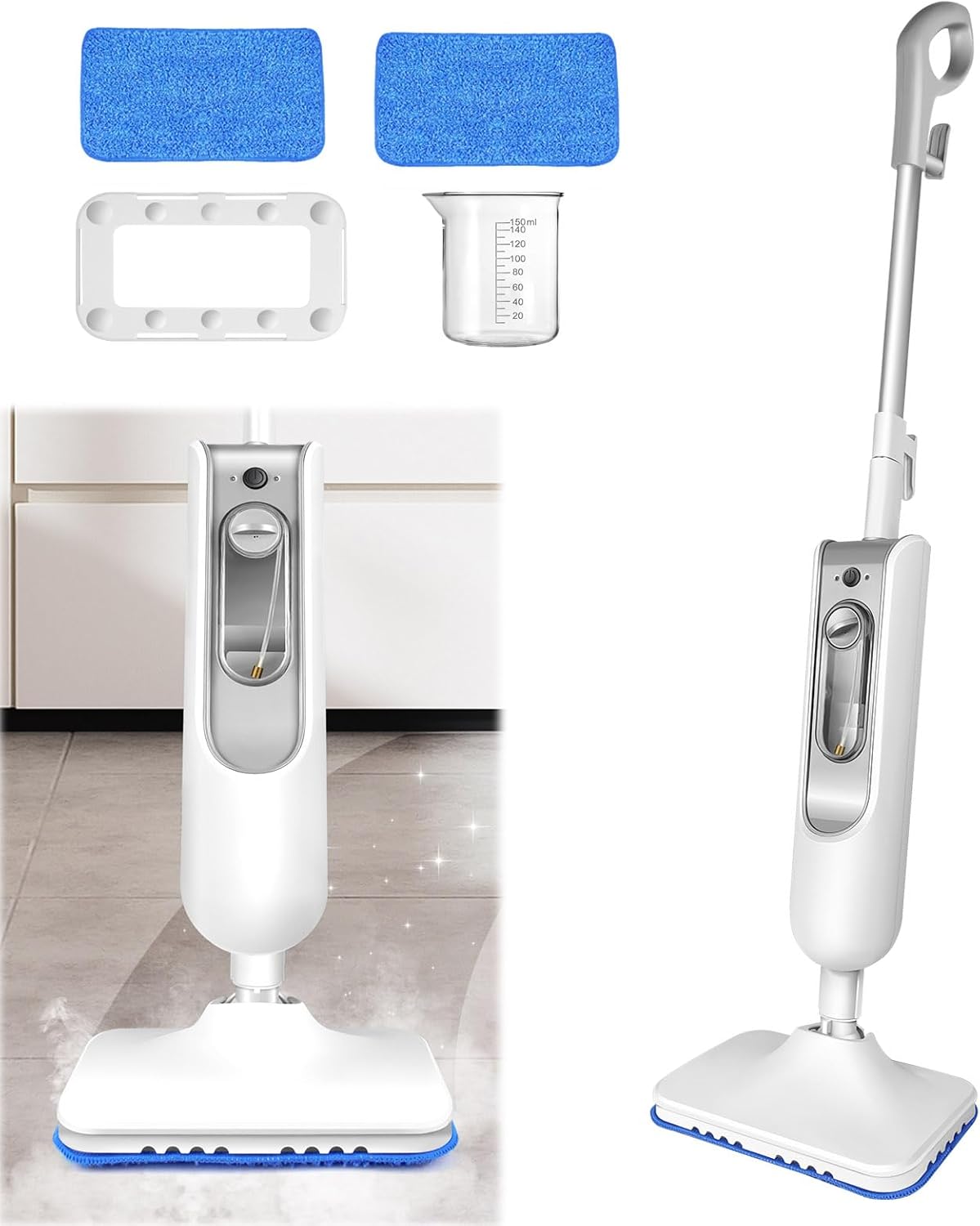 Steam Mop for Floor Cleaning, Lightweight Floor Steamer for Hardwood, Tile, Laminate, and Carpet, Adjustable Steam Modes, 16ft Cord, 13.5Oz Tank, Includes 2 Washable Pads, White