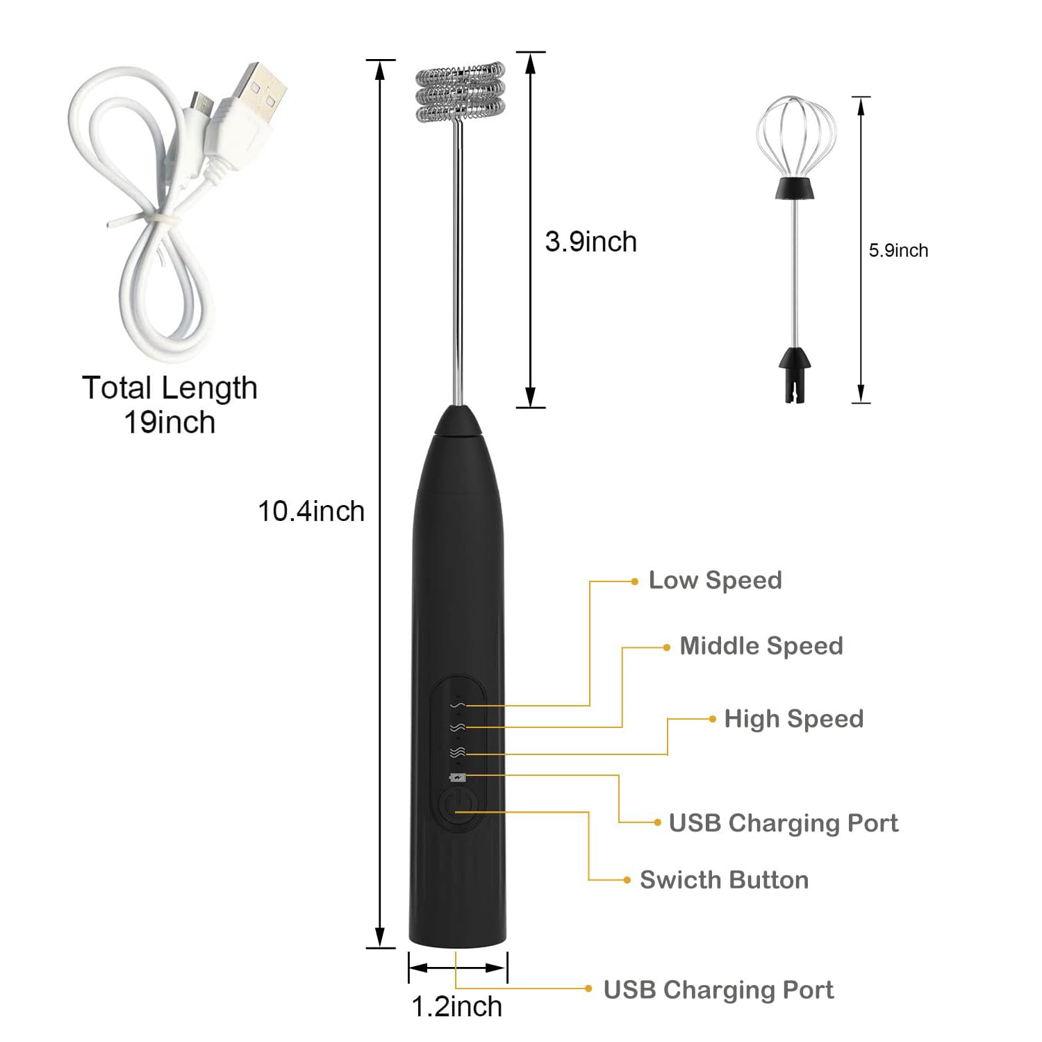 Mousseur à lait à main, mélangeur à main électrique rechargeable, 3 vitesses, avec 2 fouets en acier inoxydable pour café, cappuccino, frappe, matcha et chocolat chaud (3 x 26,4 cm)