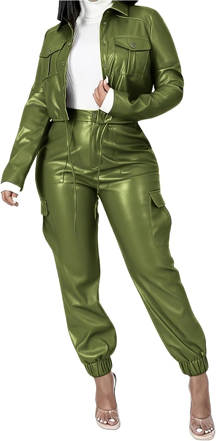 Spring, autumn and winter women's retro temperament sexy slim-fitting pu top, trousers pocket tooling set