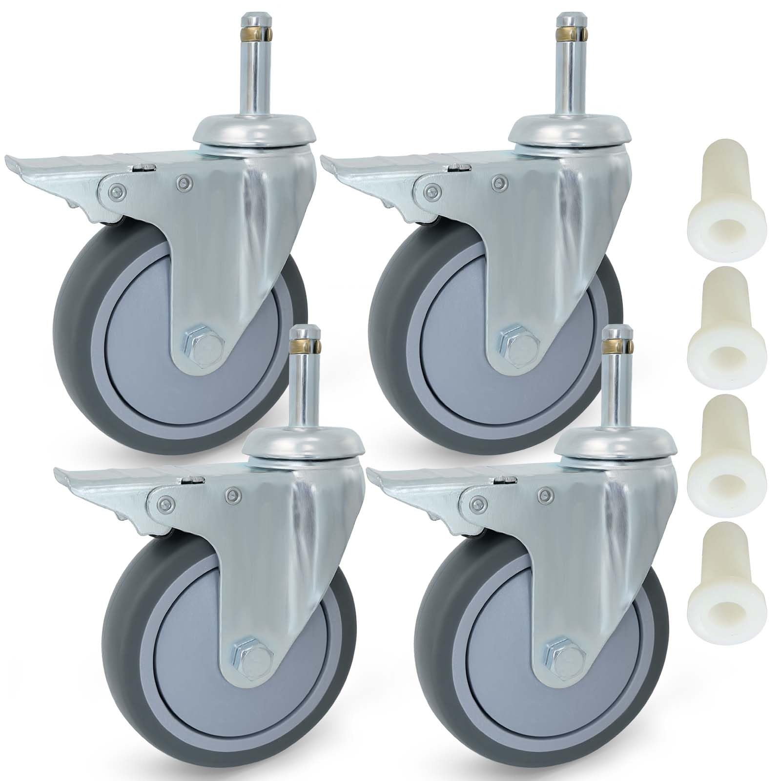 Ruote piroettanti con Freno da 4 Pollici in TPR Resistente, Diametro Stelo 7/16 Pollici, Set da 4 per Secchio per mocio Rubbermaid, Carrello, Sgabello, Barbecue, aspirapolvere da Officina