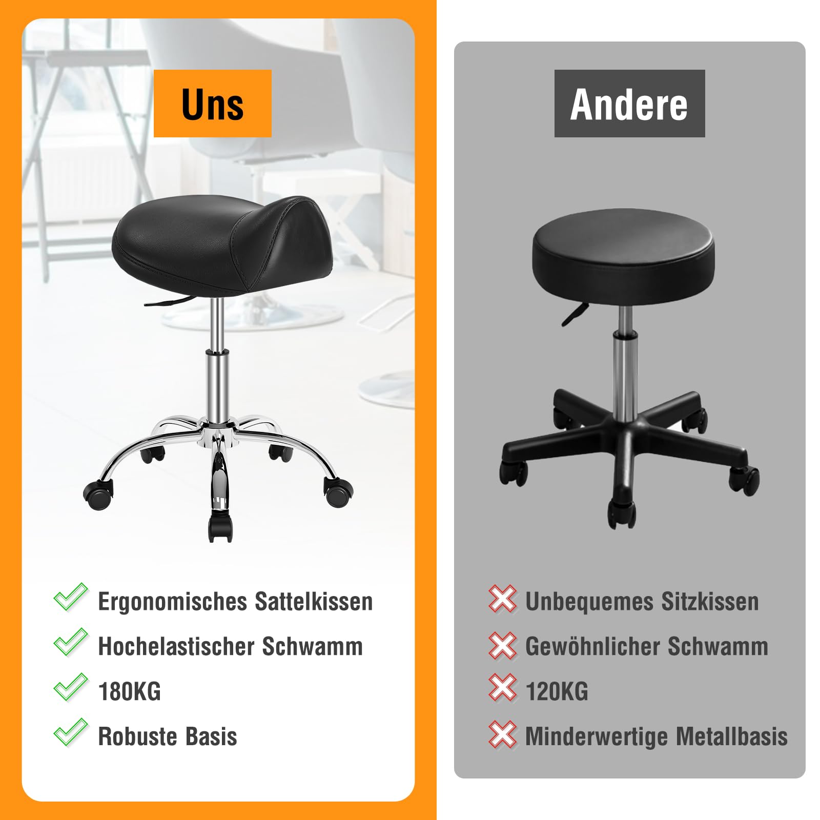 Sattelhocker，hocker mit rollen，hocker höhenverstellbar zur Linderung von Rückenschmerzen（48.5-62.5cm）Rollhocker mit dickem Kissen，Sattelhocker mit rollen für Salon Spa Zahnarzt Büro (Schwarz)