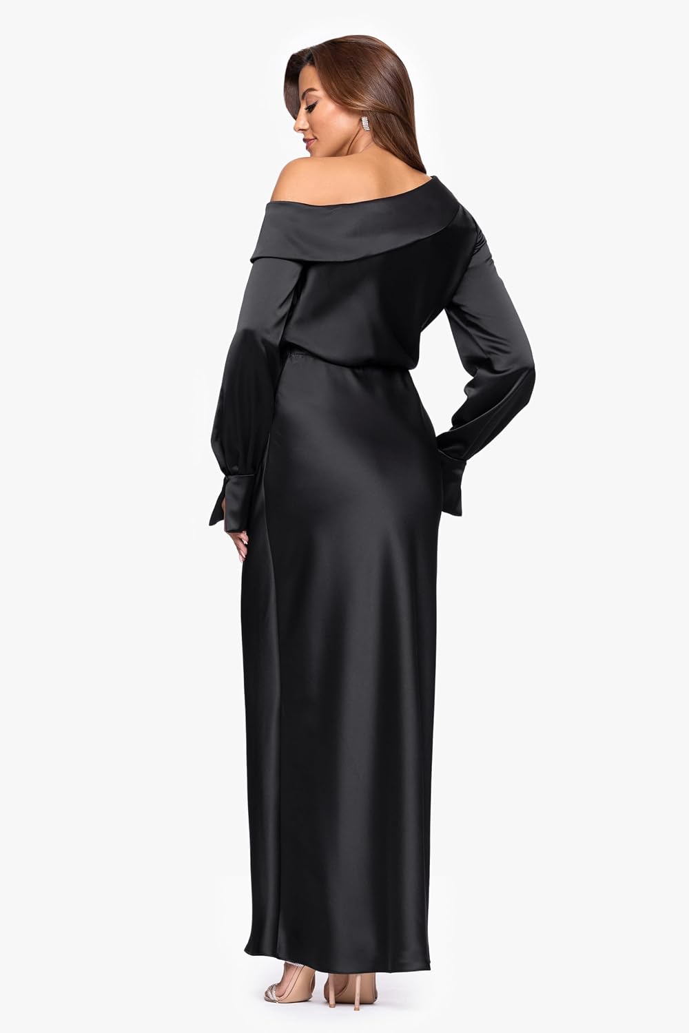 Xscape Women's Satin Drop Shoulder Long Sleeve Ruffle Floor Length Dress