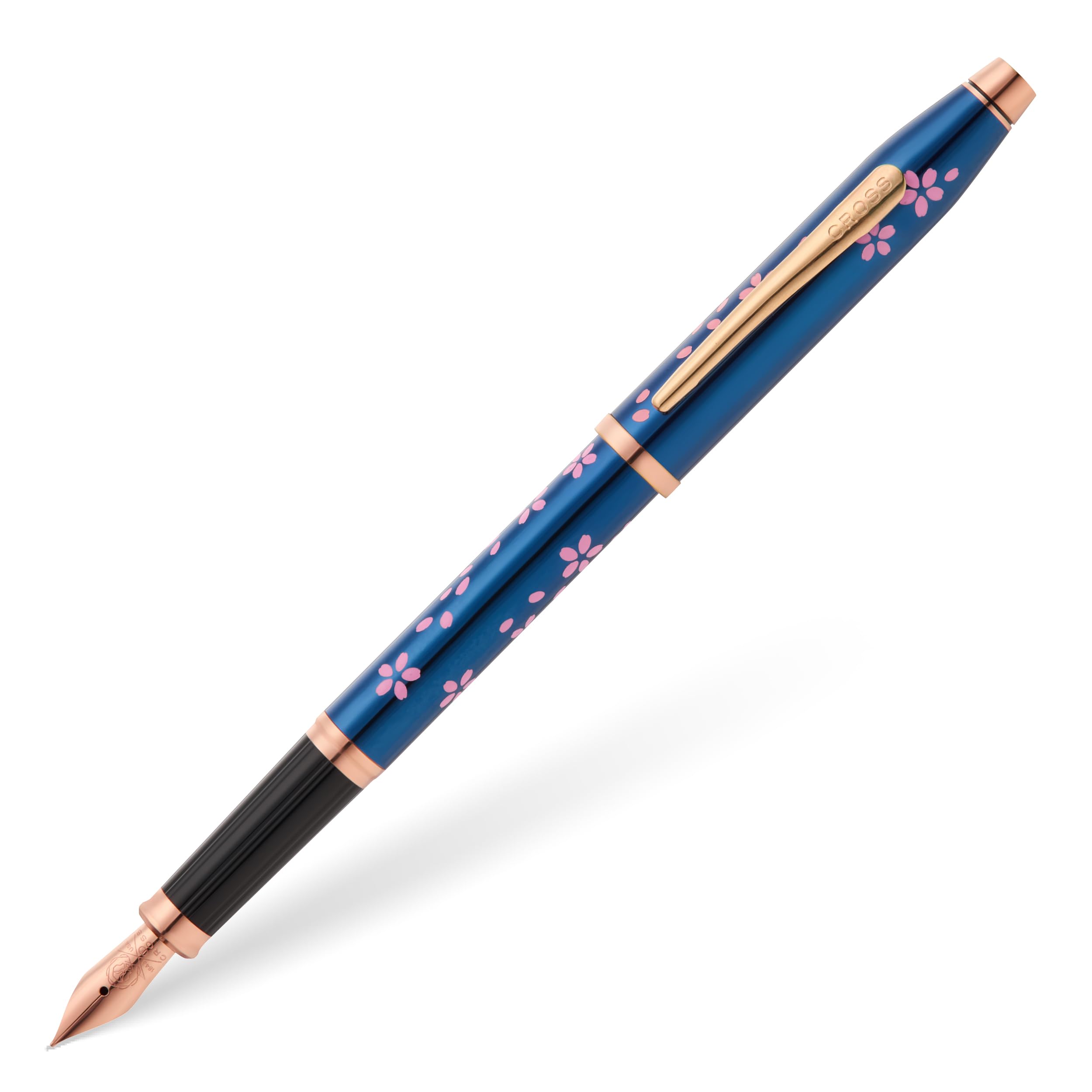 Cross Century II - Penna stilografica Cherry Blossom (pennino F in acciaio inox, inchiostro nero, con confezione regalo di alta qualità), vernice blu traslucida, raccordi in acciaio inox placcato oro