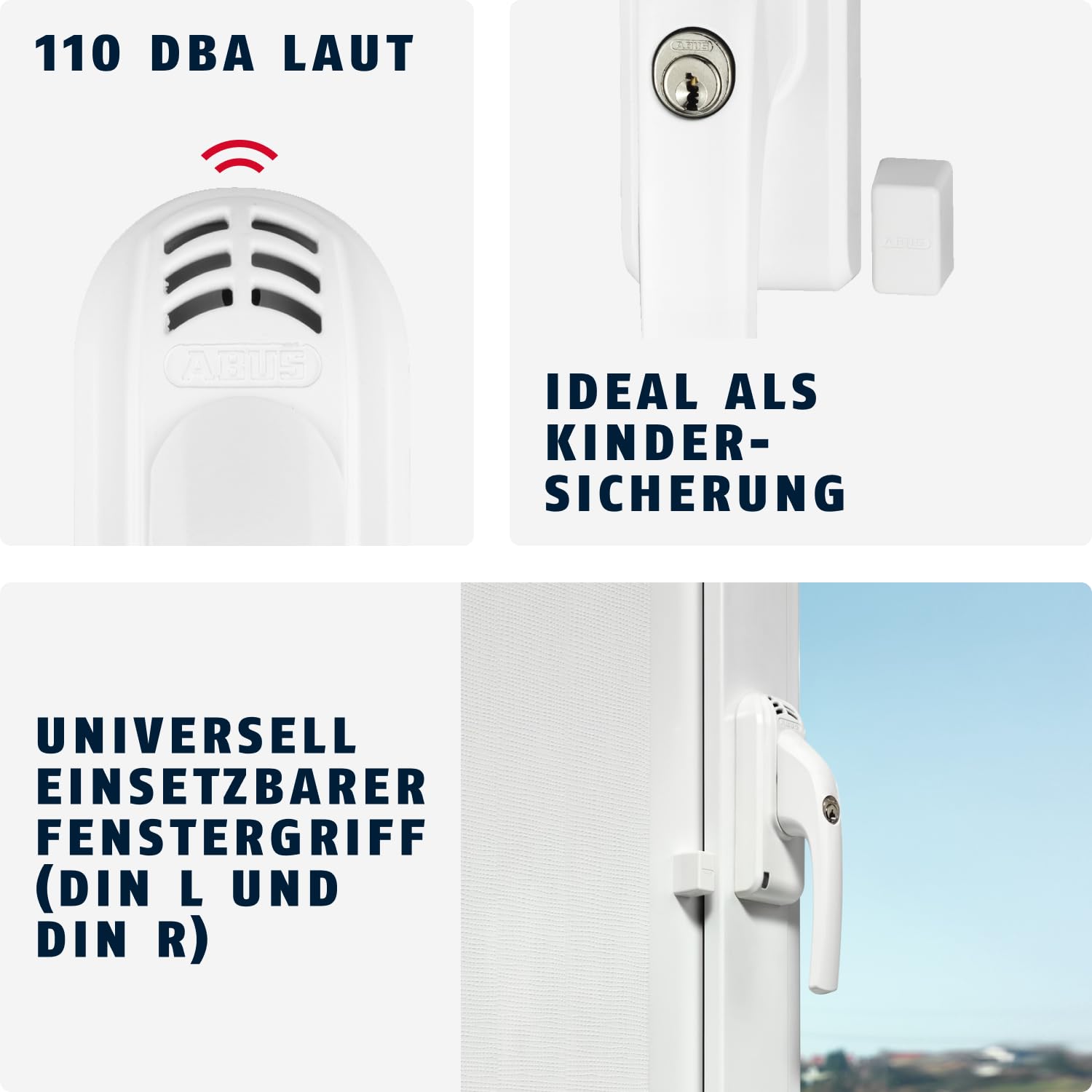 ABUS Tirador de ventana con cerradura FG300A AL0145 – Pomo para ventana con cilindro de presión y función de alarma, cierre uniforme, nivel de seguridad ABUS 7 – 71900 – Blanco