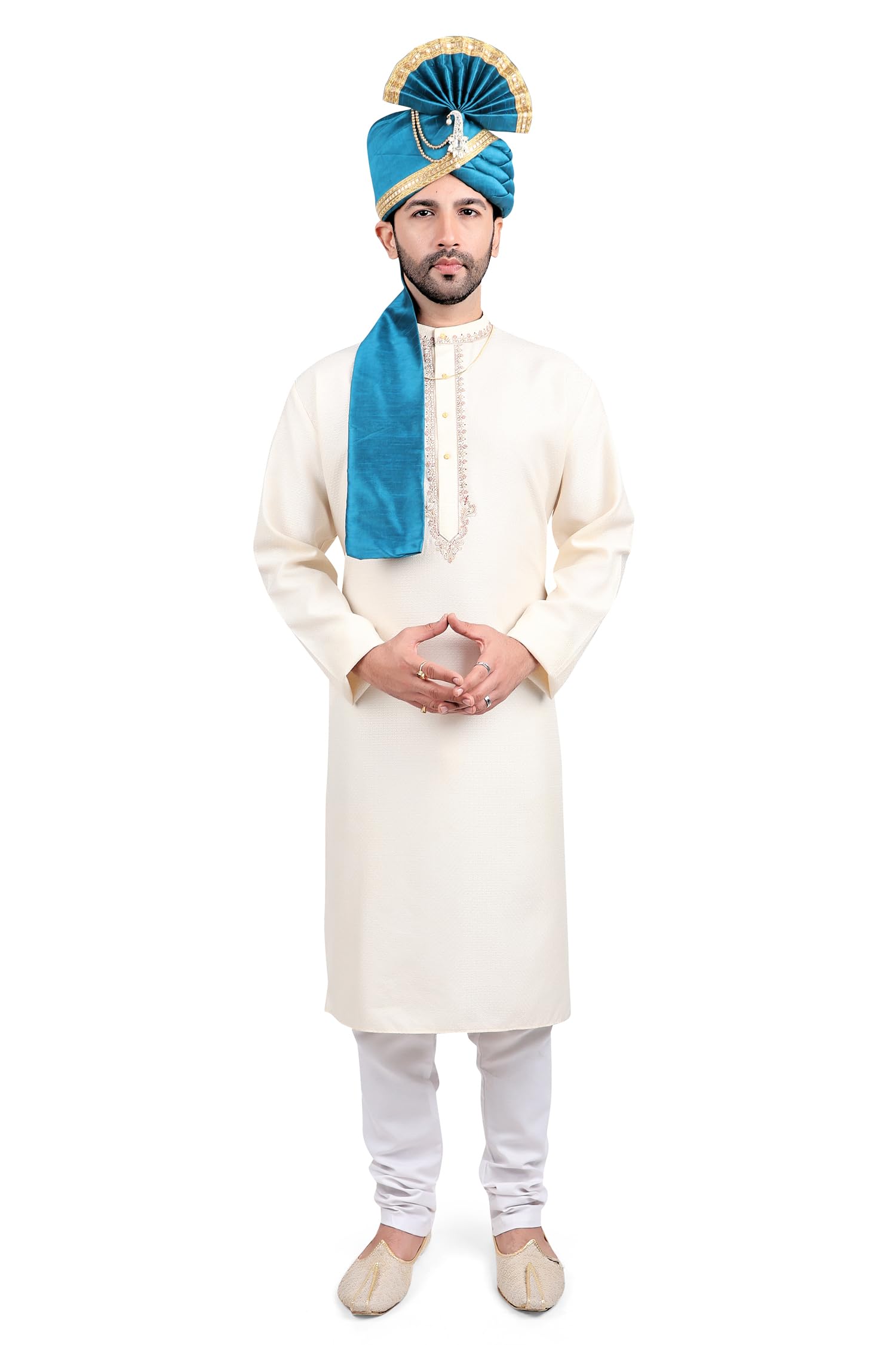 priyakant safawala Men's Traditional Wedding Collection Dupion Handcrafted Safa (Pheta/Pagdi/Turban) For Wedding And Engagement Use It (Peacock, Free Size, Adjustable Velcro System)-picture-31