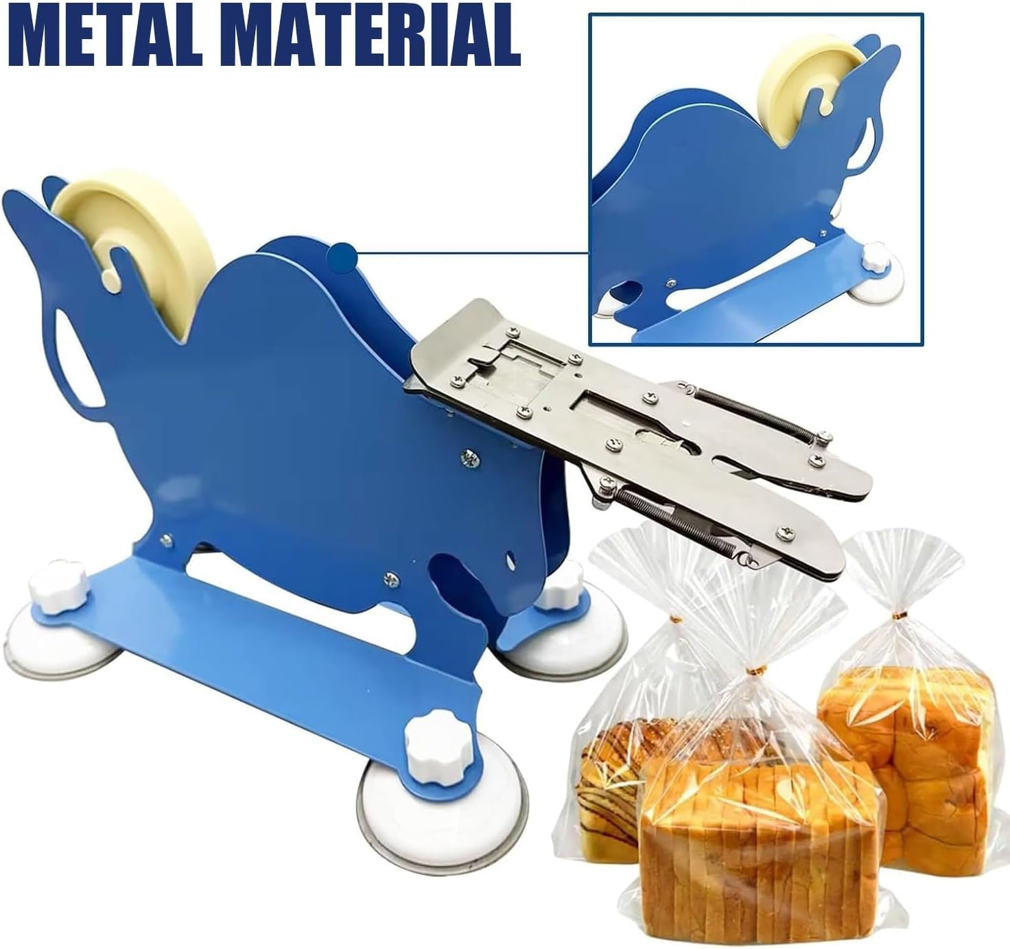 Máquina manual para sellar bolsas de pan, empacadora con cierre de acero inoxidable, con clips y 4 ventosas, para envasado de galletas, dulces y productos de panadería.