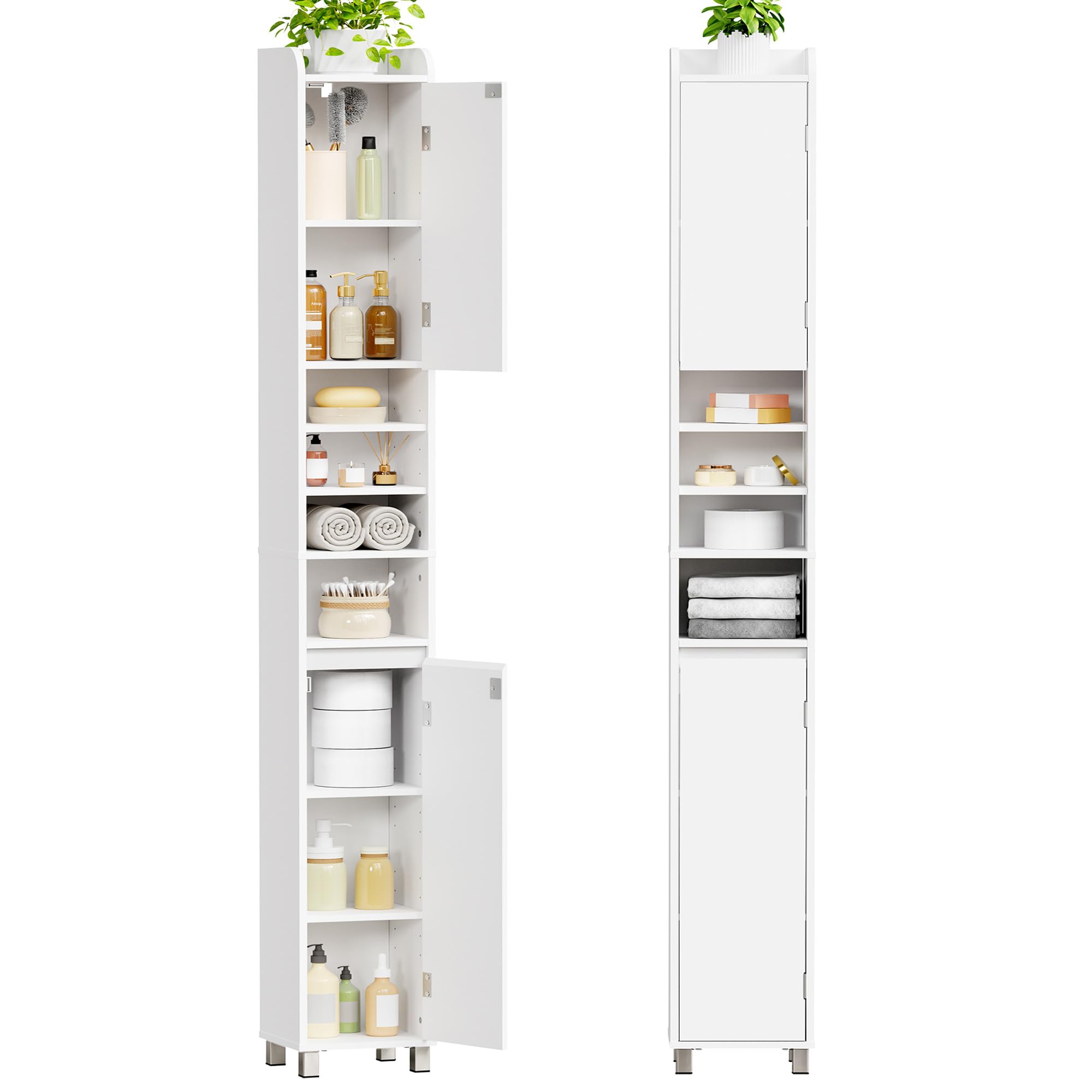 BEWISHOME Mobile Bagno Alto Stretto Mobiletto Bagno Salvaspazio 20x20x180cm | Mobiletto con Ripiani Aperti Cassetto e Ripiano Regolabile Armadietto per Piccoli larghi