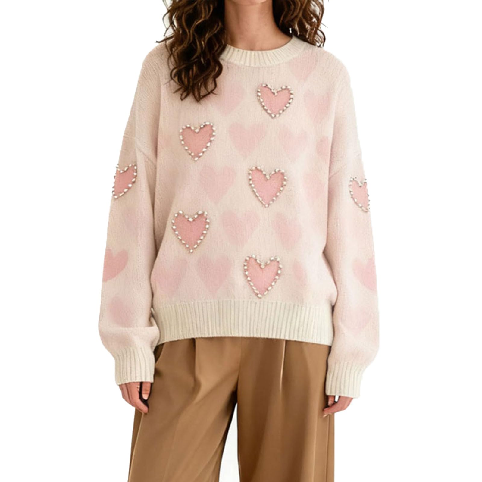 Womens Pearl-Embellished Heart Pattern Sweater Cream and Pink Knit Pullover with Decorative Hearts Long Sleeve Crewneck