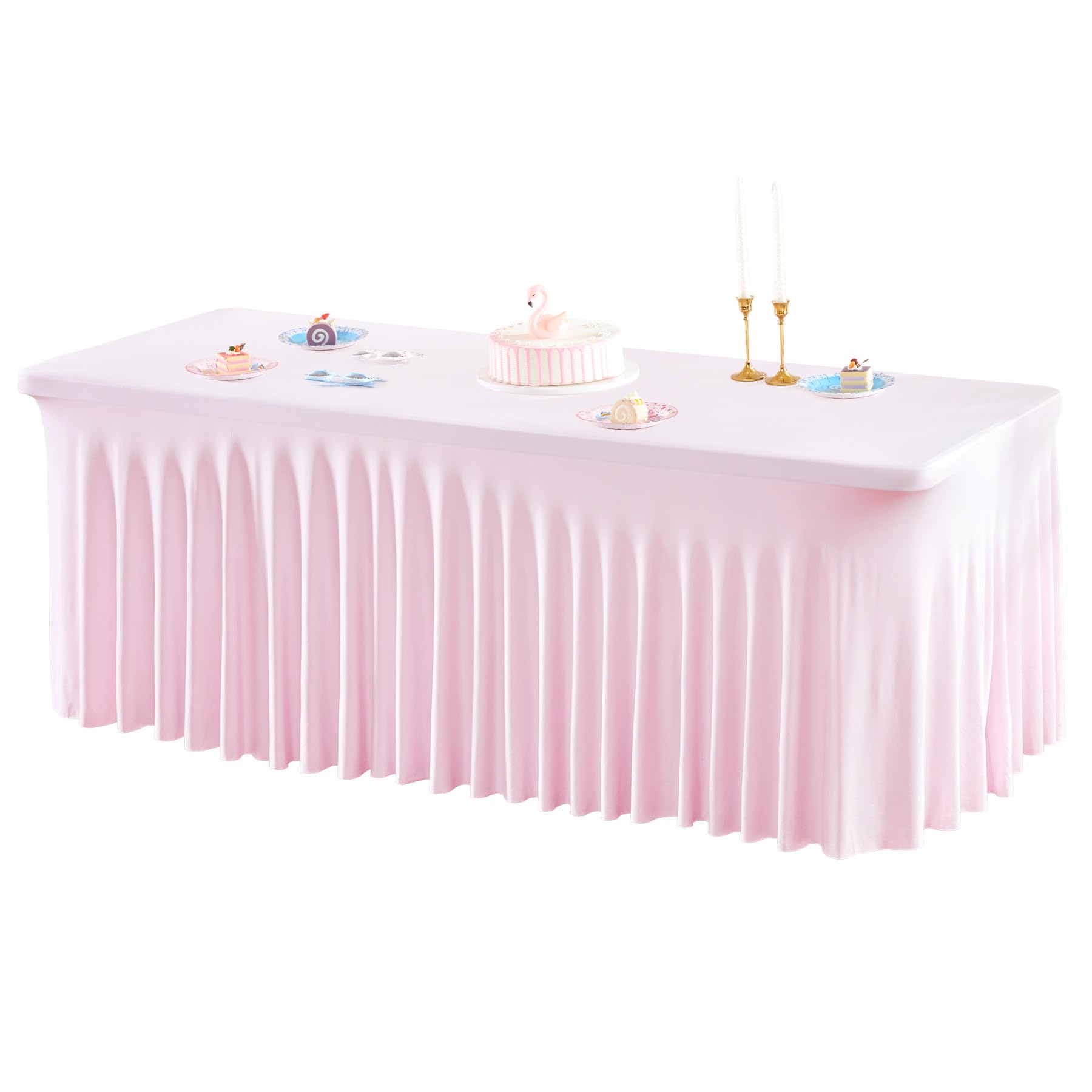 Photo 1 of 1 Pack Pink Table Clothes for 6 Foot Rectangle Tables, One-Piece Wrinkle Resistant Stretch Spandex Table Covers with Skirt for Event Banquet Wedding Birthday Party