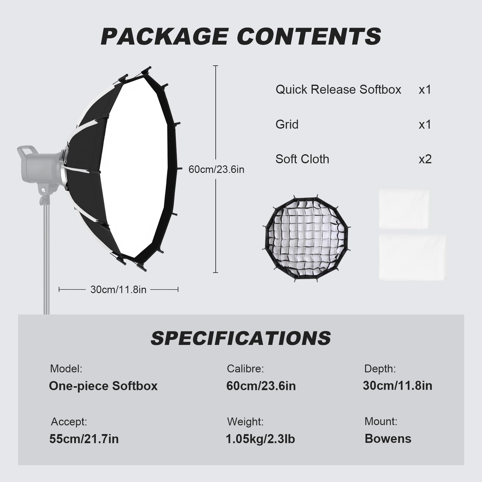 Soonpho 60cm/23.6inch Grand Angle Softbox Parabolique Quick Release Softbox,Photography Studio Silver Wide Angle Soft Box pour Bowens Mount MonoLight et Flash pour GODOX pour Neewer pour Aputure