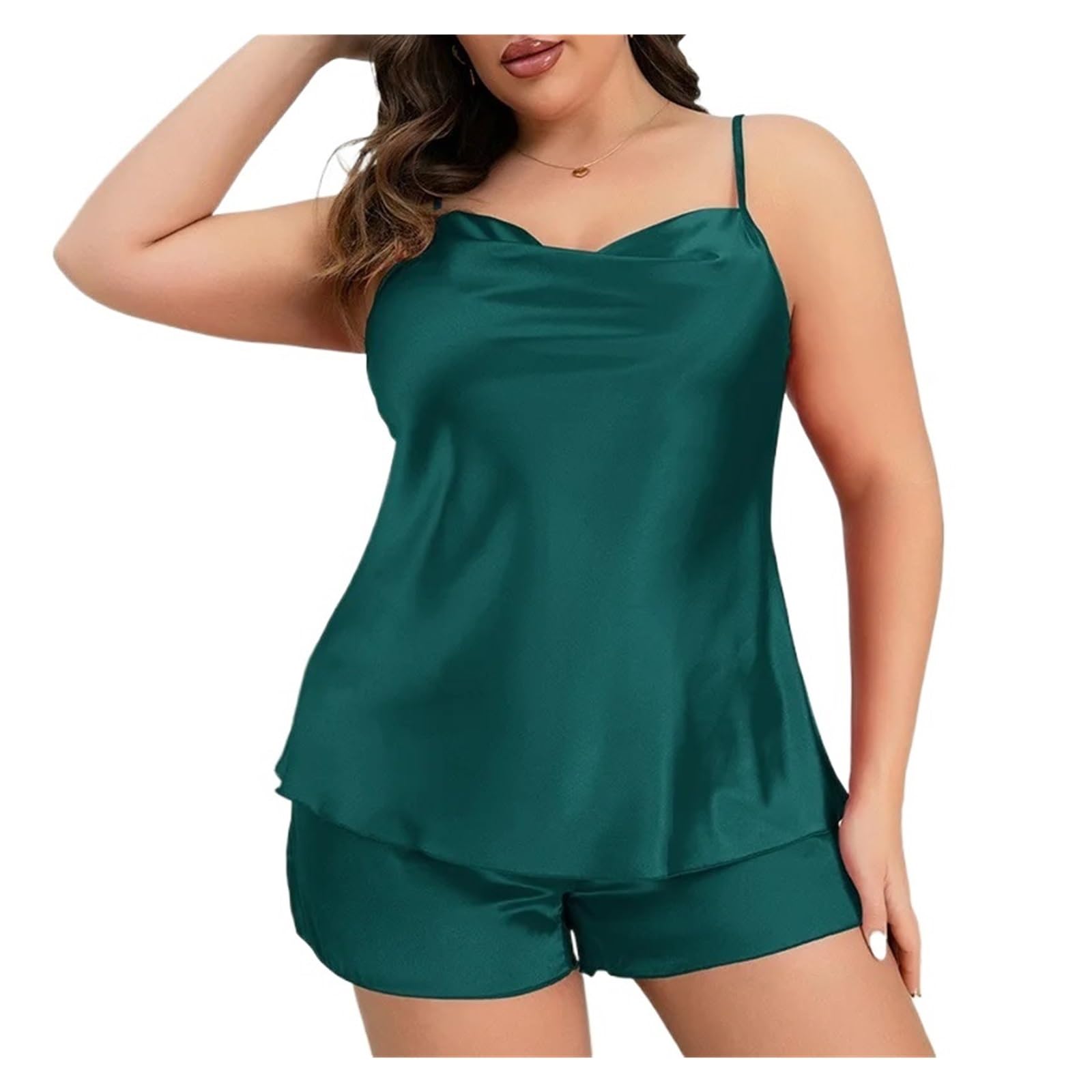 Pigiami Sexy Bretelle Pigiama da Donna in Raso di Seta Taglie Forti, Senza Maniche, con Scollo a Cappuccio, Pantaloncini, 2 Pezzi, Tinta Unita, da Notte, da Donna, for la casa