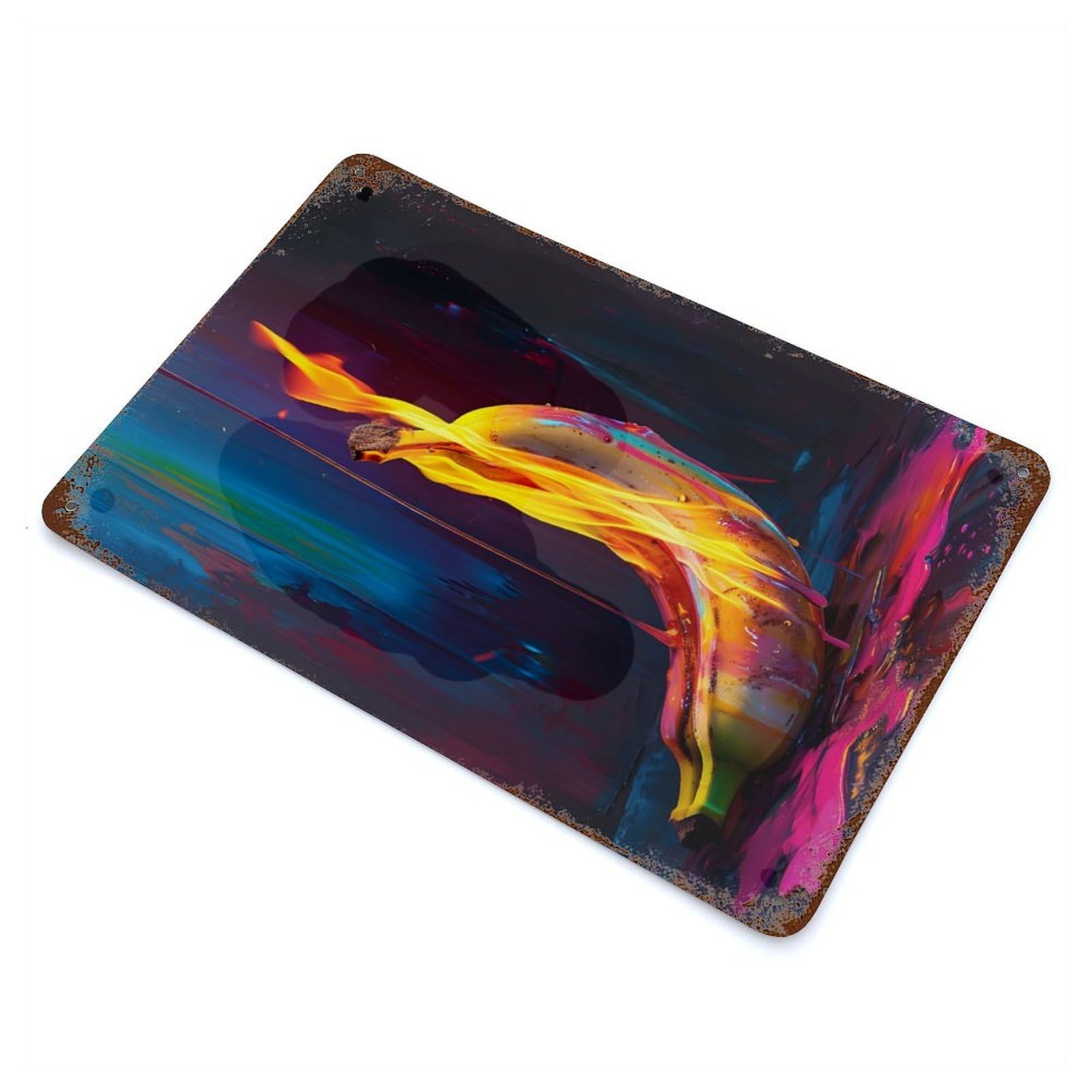 Garage Style Surreal Banana In Flames Rustic Tin Plaque 11.8"x7.9", Classic Wall Plaque for Bar And Workshop