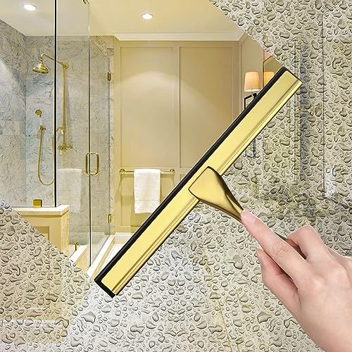 Image of HIWARE All-Purpose Shower Squeegee for Shower Doors, Bathroom, Window and Car Glass - Brass, Stainless Steel, 12 Inches