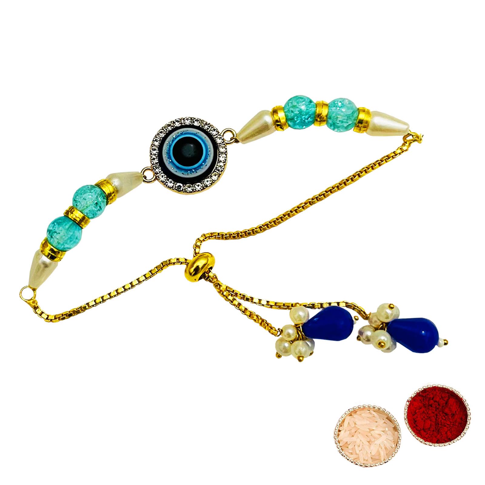Buyent ® elegant Kundan pearl evil eye bracelet for women stylish rakhi gift for sister in law with roli chawal pack (B0D9P3J89R) Amazon Price History, Amazon Price Tracker