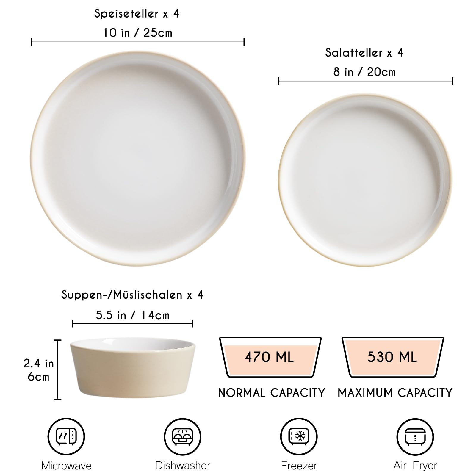 Geschirrset 4 Personen, 12 tlg Steingut Kombiservice Modernes Geschirr Set, Schüssel- und Teller Set aus je 4x Speiseteller 4x Dessertteller 4x Müslischalen, Rustikales Farmhouse-Design, Hellbeige