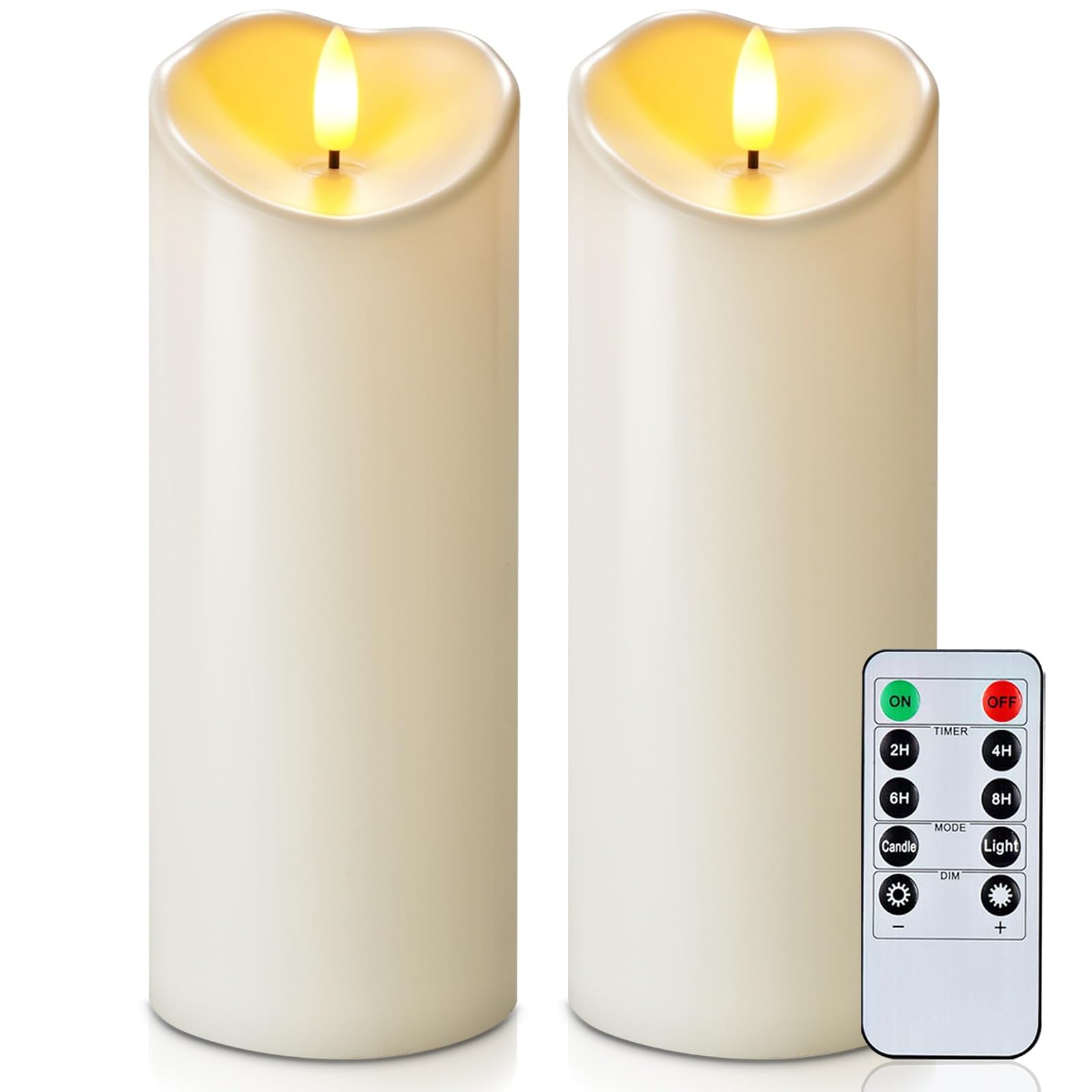 Homemory Outdoor Waterproof LED Candles, Battery Operated with Remote and Timers, Electric Fake Plastic Pillar Candles, Ivory White, Set of 2