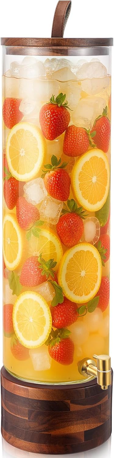 1 Pack 5 Gallon Glass Drink Dispenser with Acacia Wood Stand & Lid,Stainless Steel Spigot ,Large Leak-Proof Drink Beverage Dispenser for Juice Lemonade Sangria Party Weddings Outdoor Events