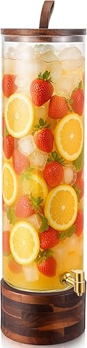 1 dispensador de bebidas de vidrio de 5 galones con soporte de madera de acacia y grifo de acero inoxidable, dispensador grande de bebidas con tapa