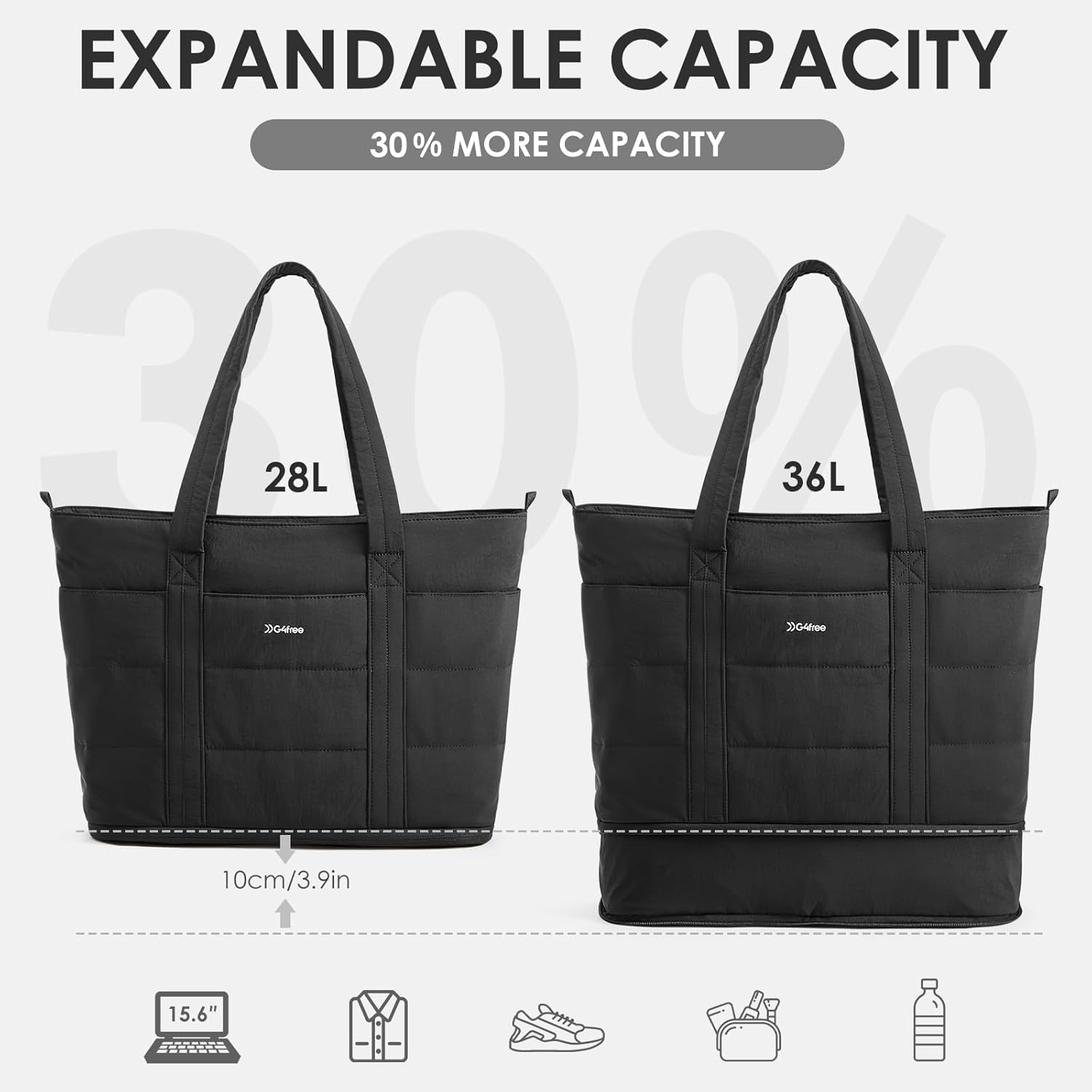 G4Free Tote Bag for Women,Puffer Work Bags with Zipper Compartments, Expandable Handbag for Travel Work Sport - Image 4