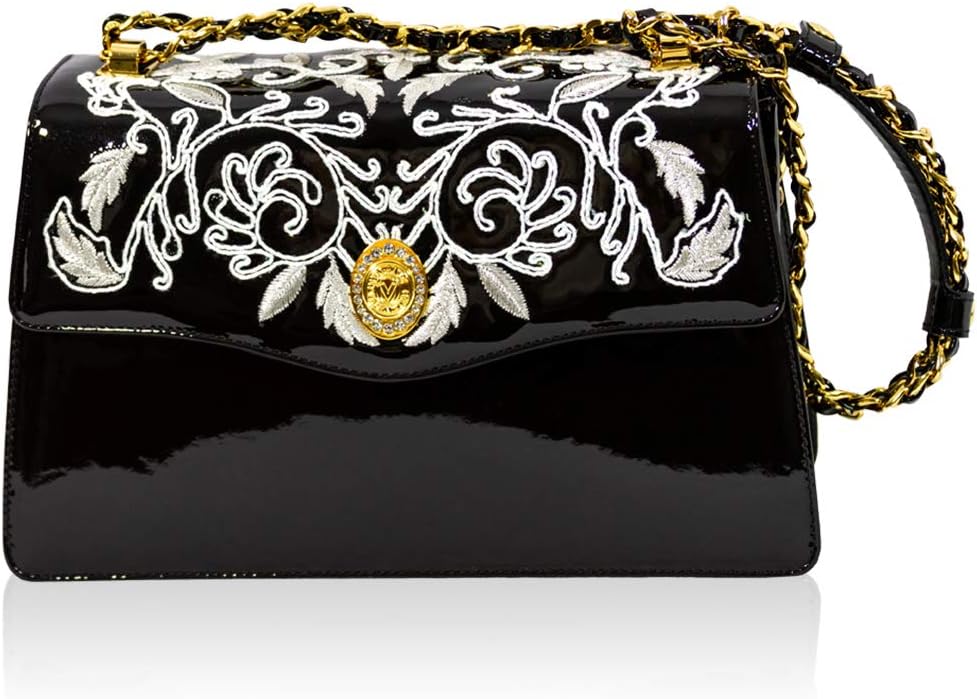 Italian Designer Black & White Damask Embroidered Messenger Bag