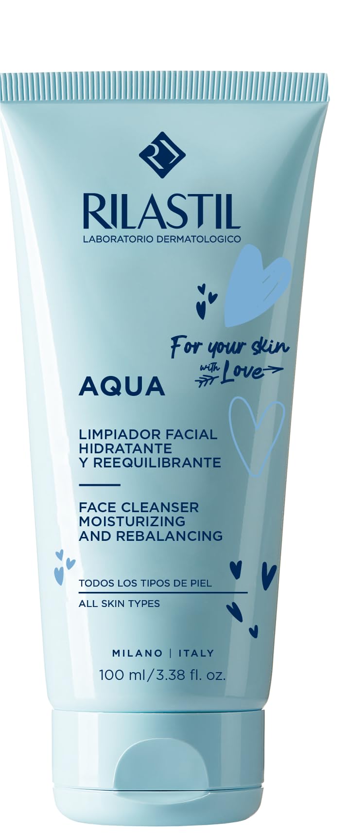 Rilastil Aqua - Limpiador Facial Suave y Cremoso con Acción Hidratante, Reequilibrante y Emoliente para Todo Tipo de Pieles - 100 ml