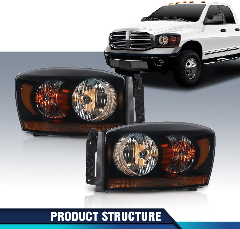 PIT66 Headlights Assembly Headlamps with Amber Bar Pair Compatible with Dodge Ram 1500 2006 2007 2008/Fit Ram 2500 3500 2006-2009 (Fit w/Bottom Amber Reflector Only) Headlamps Smoky Lens
